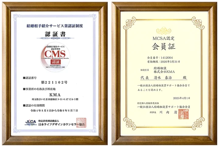 マル適マークCMS認定書の画像。法律遵守・本人確認・個人情報管理の基準を満たした結婚相談所の証明書