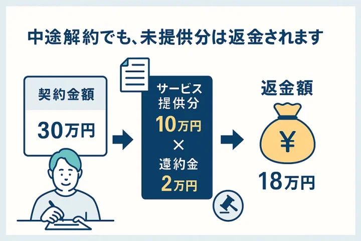 結婚相談所の中途解約時の返金イメージ。契約金額からサービス提供分と違約金を差し引いた返金額の図解