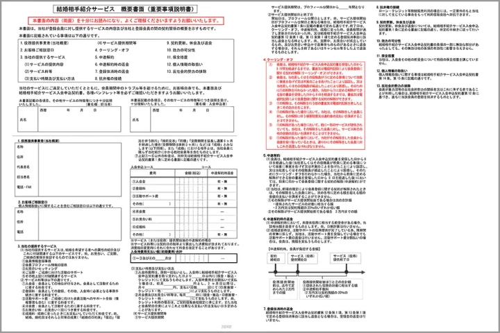 「日本ライフデザインカウンセラー協会(JLCA)推奨の重要事項説明書。契約条件や返金制度が明記された概要書面」