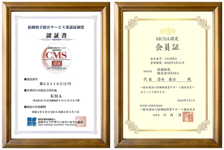 マル適マークCMS認定書の画像。法律遵守・本人確認・個人情報管理の基準を満たした結婚相談所の証明書