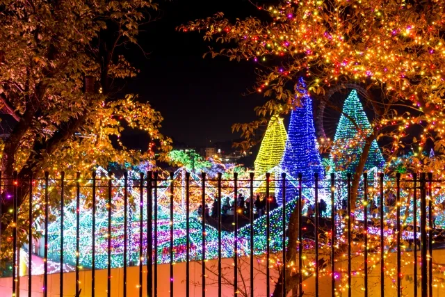 カラフルに輝くよみうりランドのジュエルミネーションの夜景