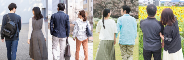 20〜50代の男女が並んで歩く後ろ姿のイメージ写真