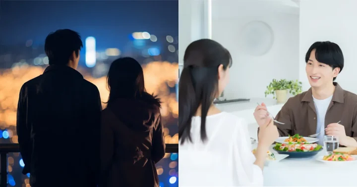 左側に夜景を眺めるカップルの後ろ姿、右側に明るいリビングで食事を囲む夫婦の様子。恋愛と結婚の違いを象徴する対比構図