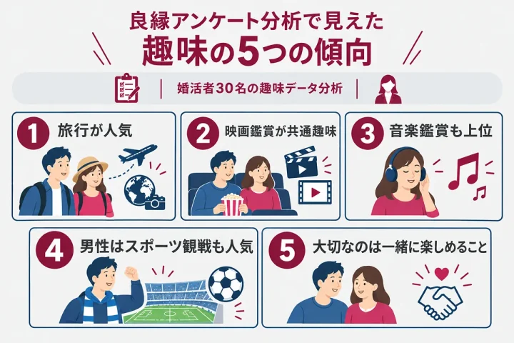 "良縁アンケート30名分の分析から見えた趣味の傾向をまとめた図解"