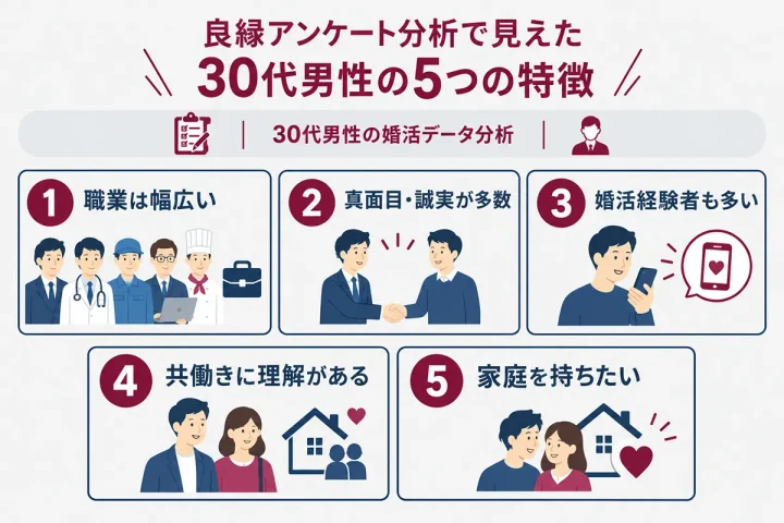 良縁アンケート分析で見えた30代男性の婚活傾向をまとめた図解