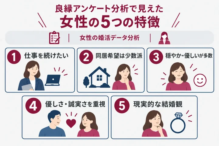 良縁アンケート分析で見えた婚活女性の5つの特徴をまとめた図解