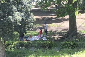 北浦和公園でピクニックする家族